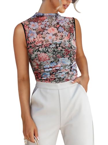 REORIA Women??s Sheer Mesh Sexy Bodysuits Mock Neck Sleeveless Shirts Ruched Trendy Going Out Bodysuits Tops 2025