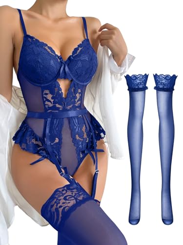 Lilosy Sexy Stocking Lace Mesh Bodysuit Top Underwire Garter Lingerie Set 3 Piece