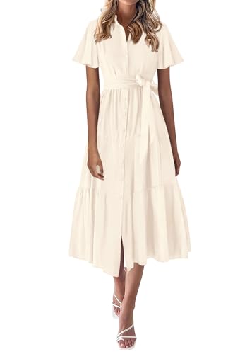 KIRUNDO Summer Button Down Wedding Guest Shirt Dresses for Women Maxi Flutter Short Sleeve Flowy Tiered Beach Sun Dress