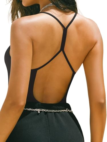 REORIA Women's Sexy Scoop Neck Backless Bodysuits Open T-Back Cami Sleeveless Bodysuit Tank Top Trendy