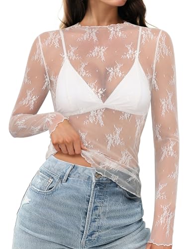 HOTOUCH Women's Mesh Sheer Tops Long Sleeve Layering Top Mock Neck See Through Floral Lace Shirt Blouse