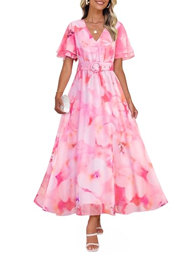 ZESICA Women's 2025 Summer Floral V Neck Midi Dress Boho Short Sleeve High Waist Flowy Beach Vacation Dresses with Belt