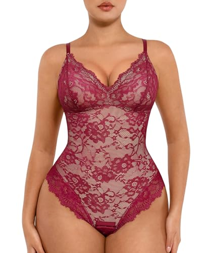 FeelinGirl Shapewear Bodysuits for Women Lace Shapewear Tummy Control V-Neck Sleeveless Bodysuit Tops Jumpsuit