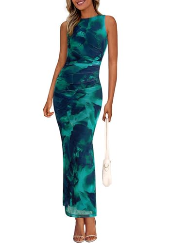 PRETTYGARDEN Wedding Guest Dresses for Women 2025 Summer Spring Floral Bodycon Sleeveless Mesh Maxi Long Dress