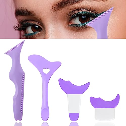 4Pcs Eyeliner Stencils Reusable Silicone Eyeliner Aid Mascara Shield Guard Eyeliner Eyelash Lipstick Eyeshadow Applicators Aid Tool Multifunctional Eye Makeup Tool for Women, Beginners??Purple??