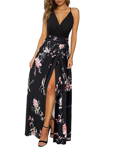 Newshows Women Summer 2025 Maxi Dress Vacation Floral Spaghetti Strap Spring Casual Boho Split Beach Long Flowy Sundress