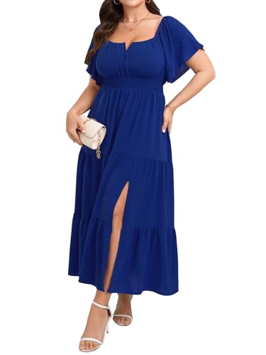 SCOMCHIC Womens Plus Size Maxi Dress Formal Short Sleeve Square Neck Smocked Side Split Flowy A Line Tiered Long Dress