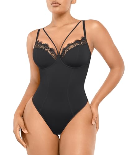 SHAPELLX Women's Shapewear Bodysuit Tummy Control Body Shaper Lace Sculpting Snatched Waist Body Suit V Neck Thong Bodysuit