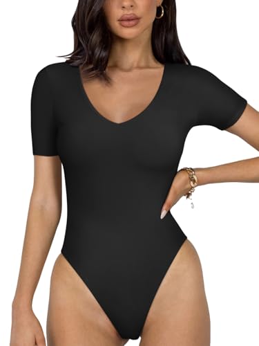 REORIA 2025 New Short Sleeve Women's Bodysuits V Neck Seamless Going Out Basic Thong Bodysuit tshirt bodysuit